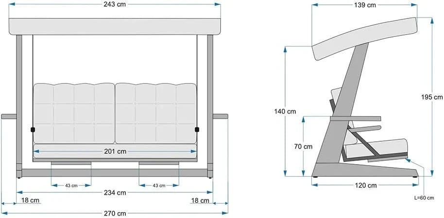WESTMANN Hollywoodschaukel Luna 2600 | 260x139x195 cm Grau | Holzschaukel für bis zu 4 Personen inklusive Sonnenschutz