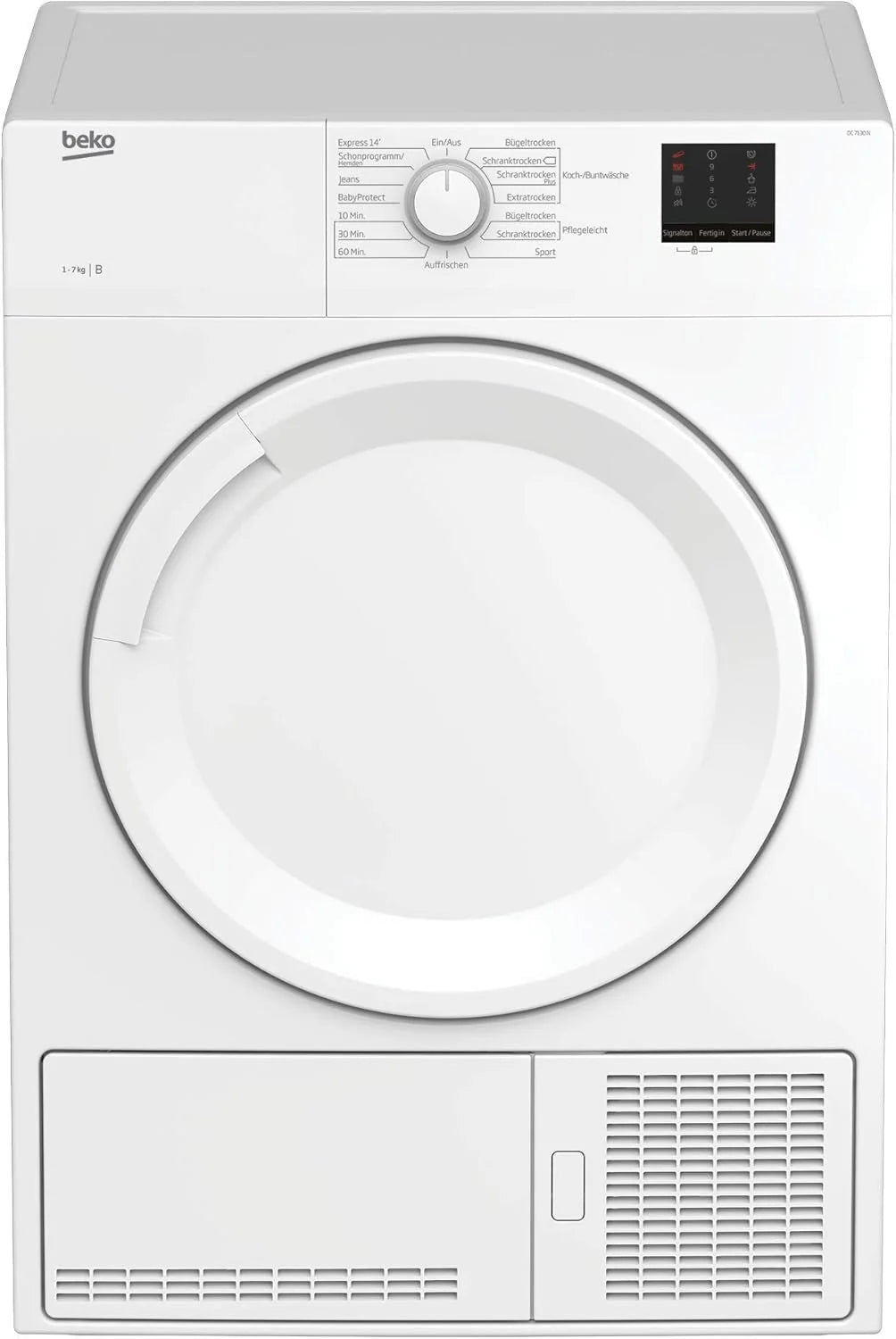 Beko DC 7130 N b100 Kondenstrockner. 7 kg. Elektronische Feuchtemessung. Automatischer Knitterschutz. AquaWave-Schontrommel. 15 Programme. Express