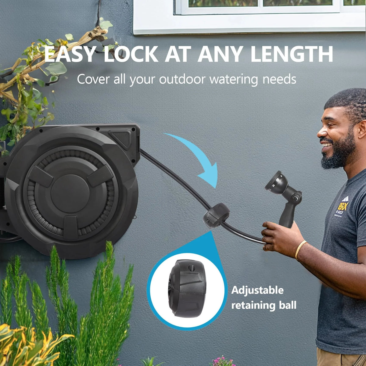 100 ft Wall Mounted Garden Hose Reel. 1/2 Inch Hose with 180° Swivel