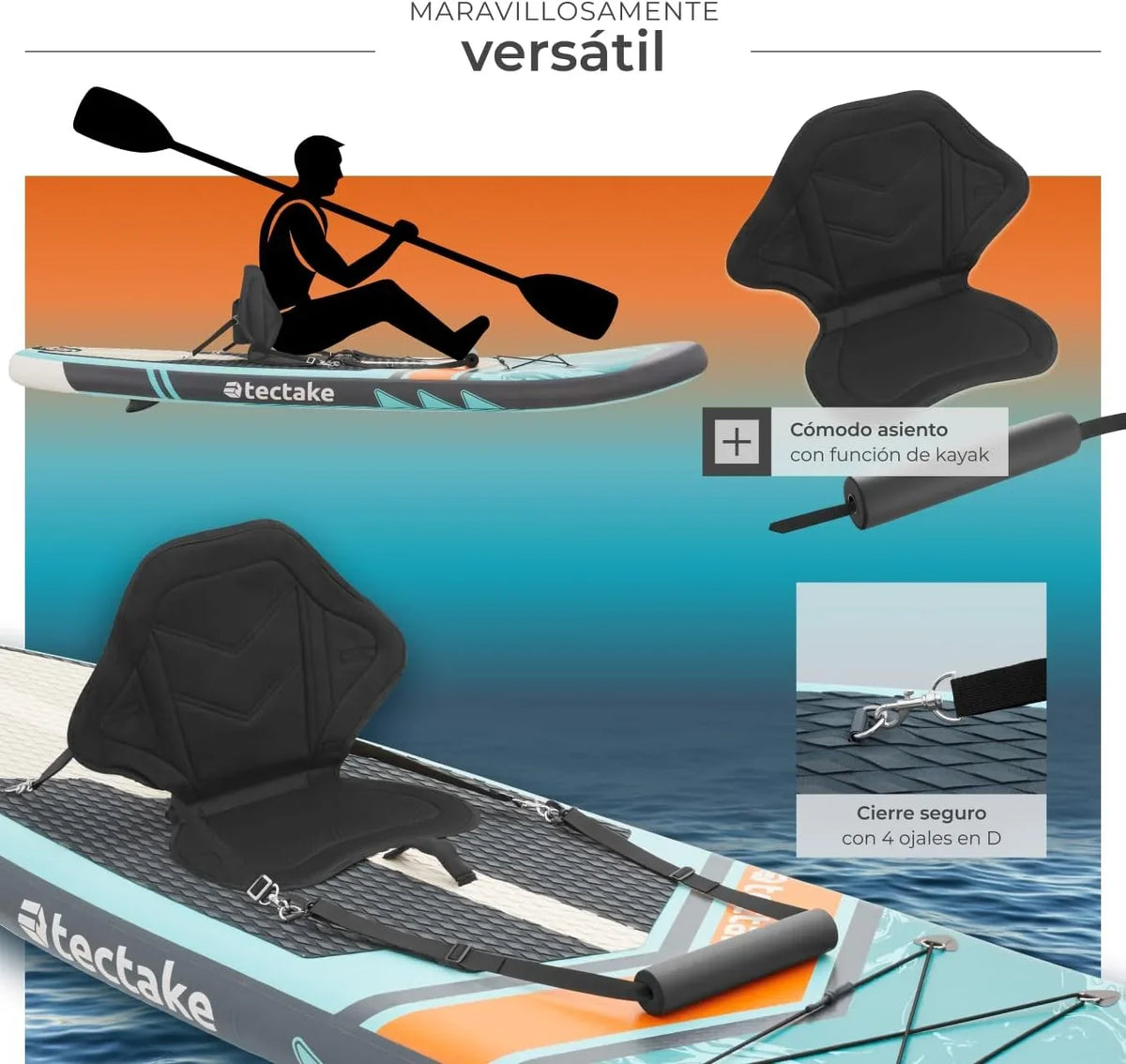 tectake Tabla de Paddle Surf Hinchable. Incluye Remo 2 en 1. Asiento de Kayak. Bomba de Aire. Mochila de Transporte. Stand Up Paddle. Accesorios