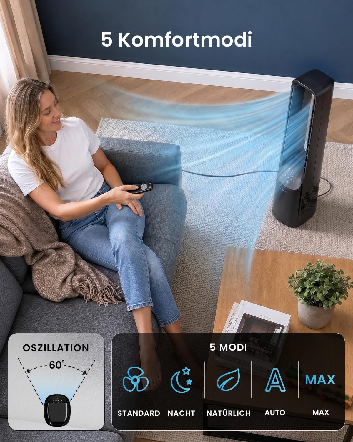 Pro Breeze 101cm rotorloser Ventilator - Smart Home Ventilator mit WLAN. Fernbedienung. LED Display. 6 Geschwindigkeiten - Turmventilator sehr leise.