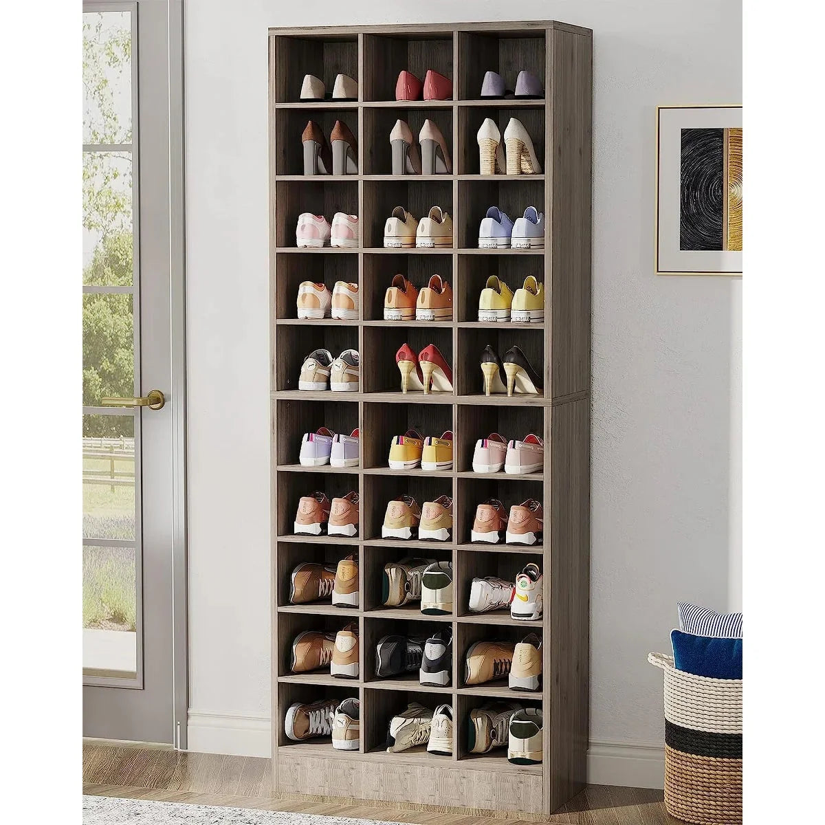 10-Tier Tall Shoe Cabinet. 30-Pair White Wood Shoe Storage Rack for Entryway and Closet