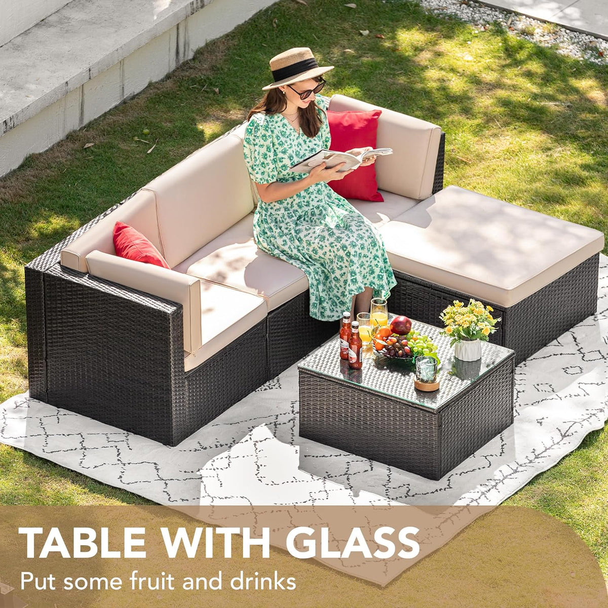 5-Piece All-Weather Patio Furniture Set with Cushions. Outdoor Wicker Conversation Sofa Set for Garden. Deck & Backyard