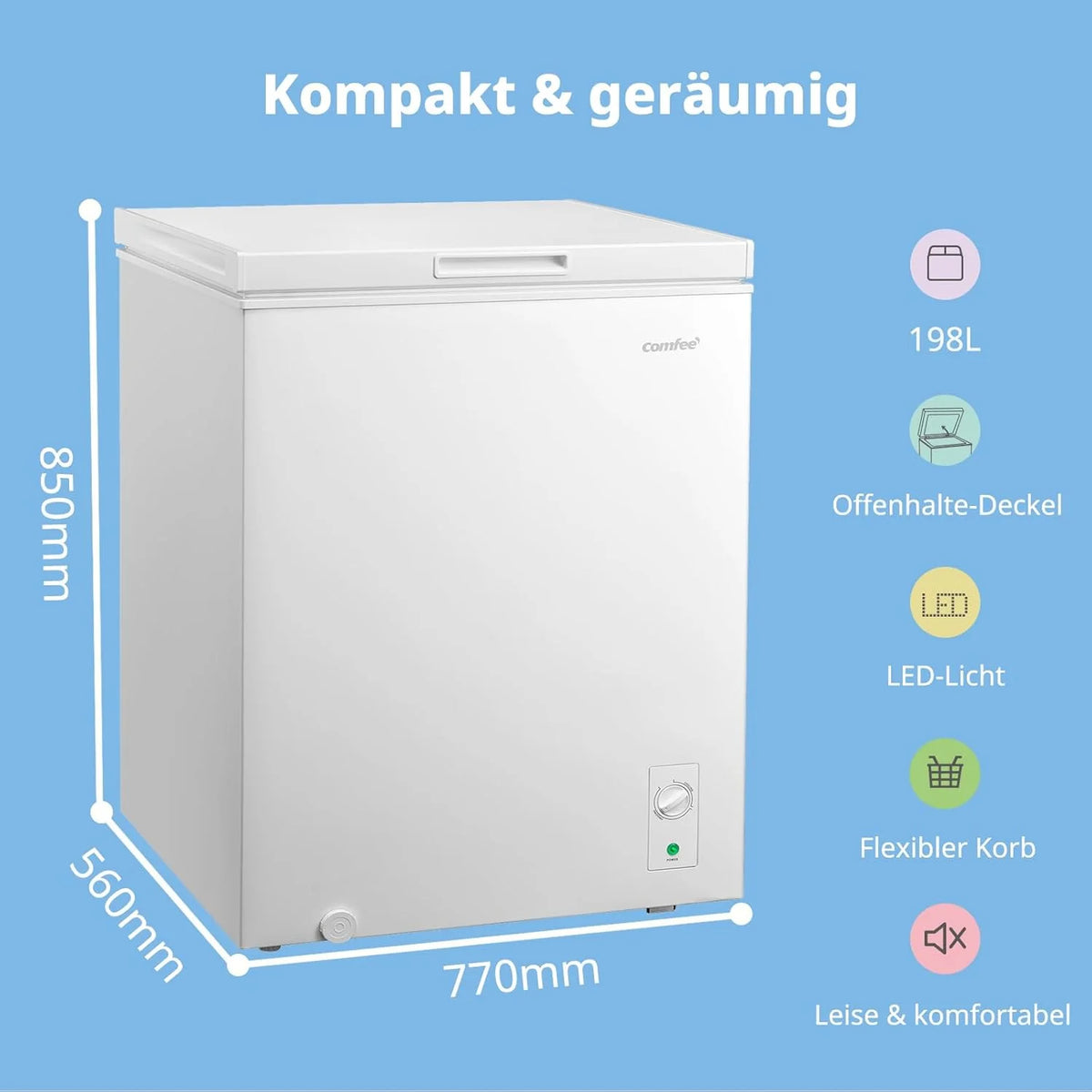 Comfee 198L Gefriertruhe. leise 37 dB. 4-Sterne-Gefrieren. Kühl-/Gefrier-Konvertierung (1–10°C / -24––12°C). 24‐h‐Schnellgefrierung 9kg.