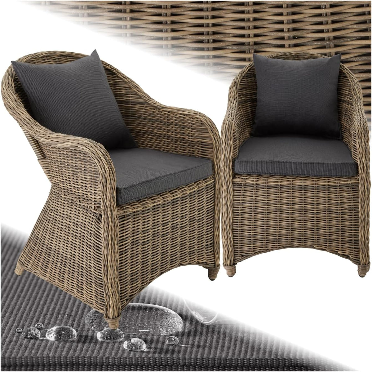 tectake Alu Polyrattan Gartenstuhl 2er Set. Gartenmöbel Set mit 2 Sessel. wetterfest. Rattan Gartensessel mit weichen Sitzpolster. abziehbarer und