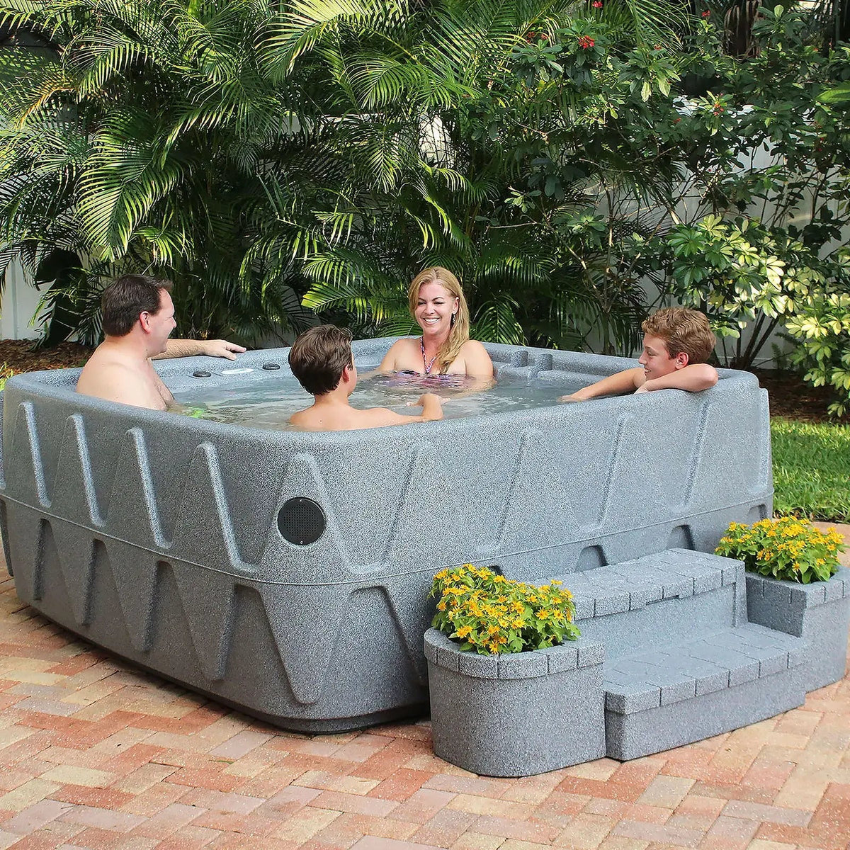 4-Person Square Plug-and-Play Hot Tub with Ozonator – 20 Stainless Steel Jets. LED Waterfall. 110V