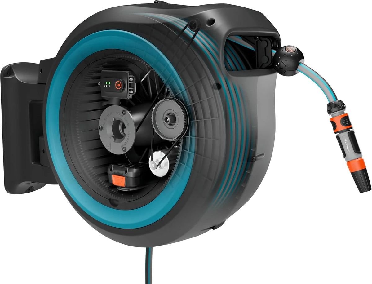 Gardena Akku-Wand-Schlauchbox PowerRoll XL solo: Automatischer Schlauchaufroller mit 35 m Gartenschlauch. Schlauchführung und RollControll.