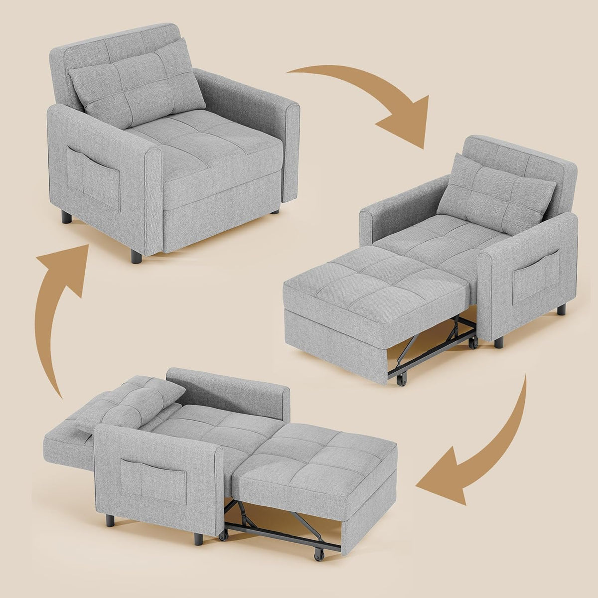 Gizoon Sofá cama 3 en 1 convertible. silla cama individual extraíble con respaldo ajustable. espaciosos sofás multifuncionales para sala de estar.