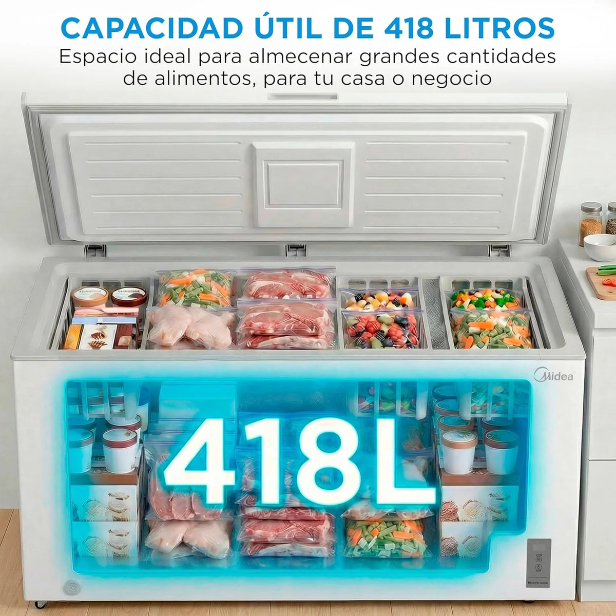 MIDEA Arcon Congelador Pequeño de 418L | Congelador Horizontal Convertible a Frigorífico con Motor Inverter. Control Electrónico de Temperatura.