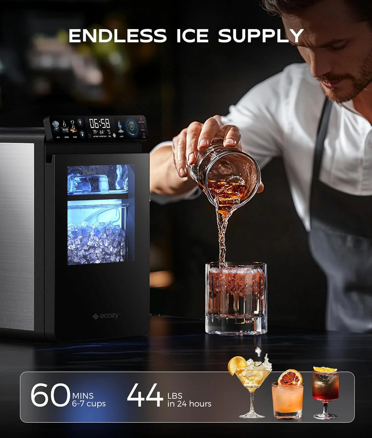 Nugget Ice Maker Countertop. Smart Pebble Ice Machine with APP Control. 44 lbs/24H Soft Pellet Chewable Ice with Self-Cleaning. Stainless Steel