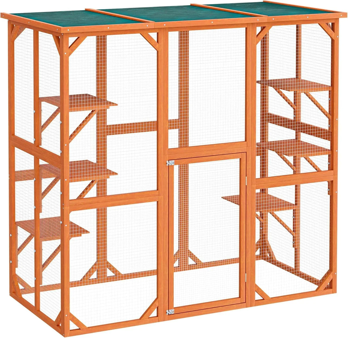 Wiltec Freilaufgehege Katzen 168 x 82 x 166.5 cm mit 6 Liegeflächen. wetterfestes Katzengehege Garten. Katzenhaus mit Drahtgitter und Bitumen Dach