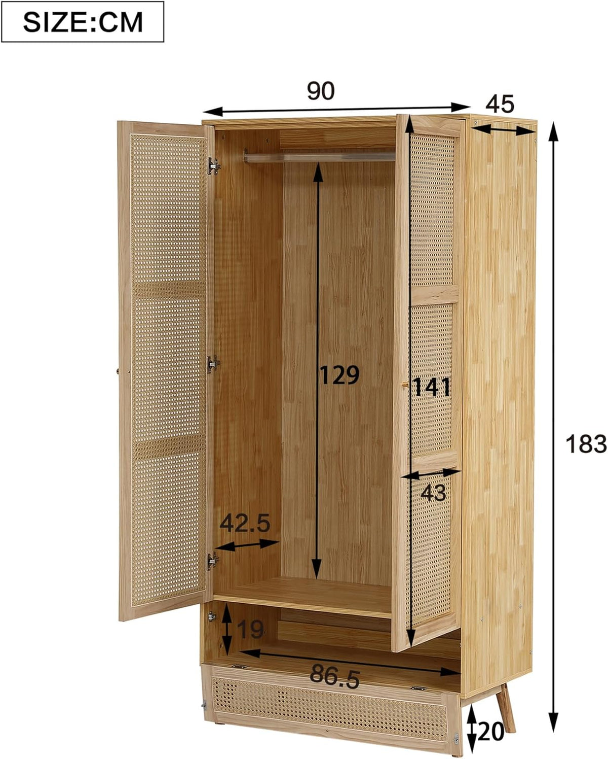 Soweiz Armario con barra. armario de 2 puertas. dormitorio. red de ratán. sala de estar. con tapa inferior abatible. tableros de partículas+ratán de
