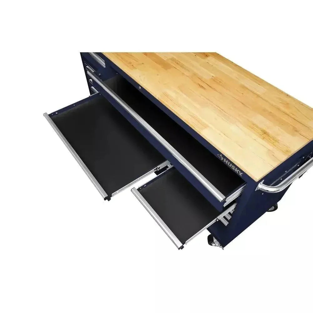 72-Inch 18-Drawer Mobile Workbench with Solid Wood Top. Gloss Blue