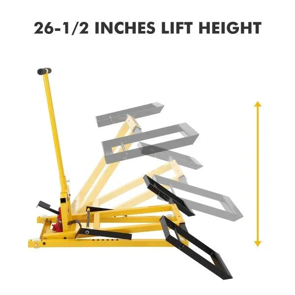 Lawn Mower Lift with Hydraulic Jack. 26 Inches Lawn Mower Lift. Welded Solid Steel Construction. Weight Capacity 500 LBS. for Riding Lawn Mowers