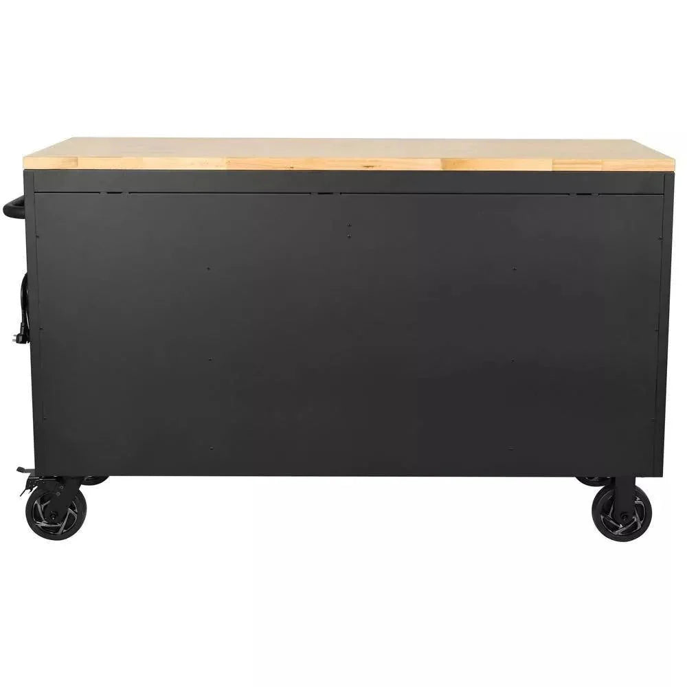 61-Inch W x 23-Inch D 15-Drawer Mobile Workbench with Solid Wood Top