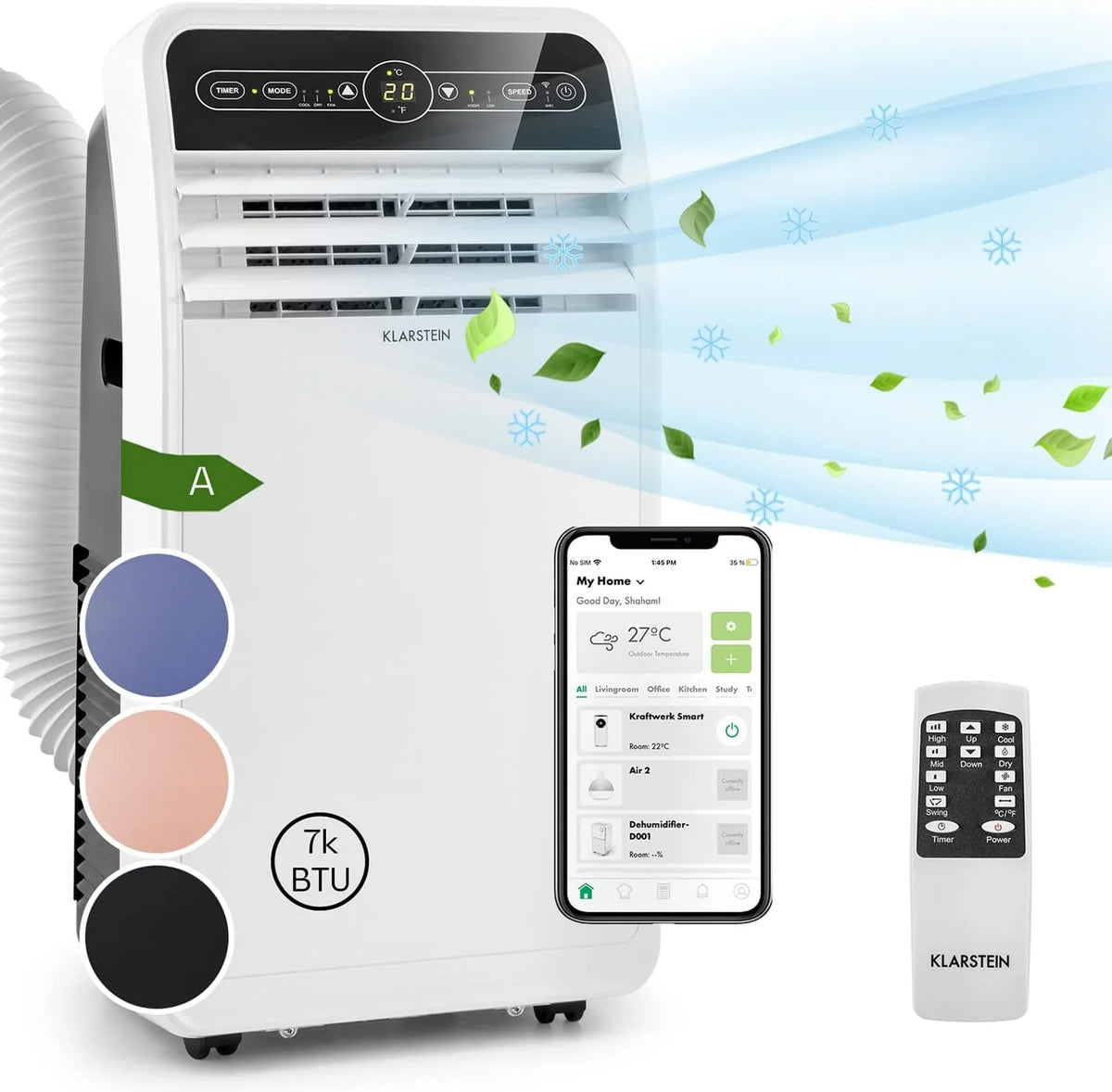 Klarstein Mobile Klimaanlage mit Abluftschlauch. 4-in-1 Klimagerät mit Ventilator. Luftentfeuchter & Nachtmodus. Kleine & Portable Klimaanlage für