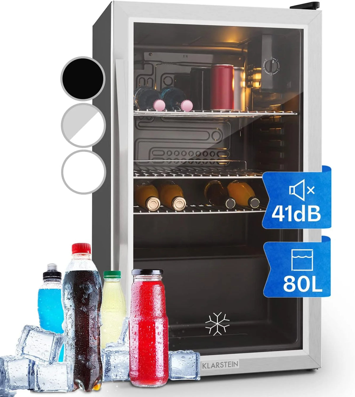 Klarstein Mini Kühlschrank mit Glastür. Mini. für Zimmer. Getränkekühlschrank Klein mit Verstellbaren Ablagen. 80 Liter. Indoor/Outdoor Kühlschrank
