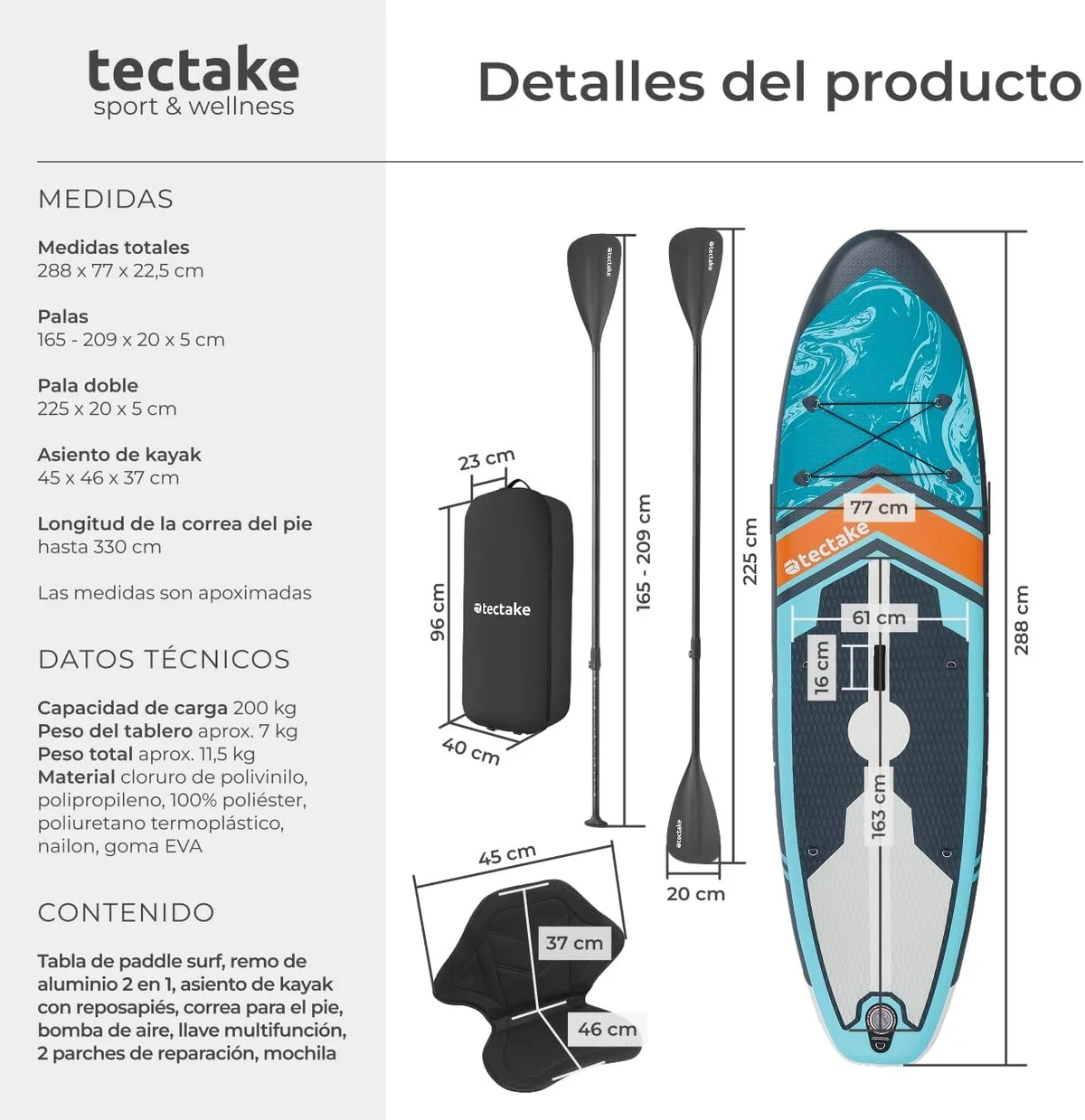 tectake Tabla de Paddle Surf Hinchable. Incluye Remo 2 en 1. Asiento de Kayak. Bomba de Aire. Mochila de Transporte. Stand Up Paddle. Accesorios