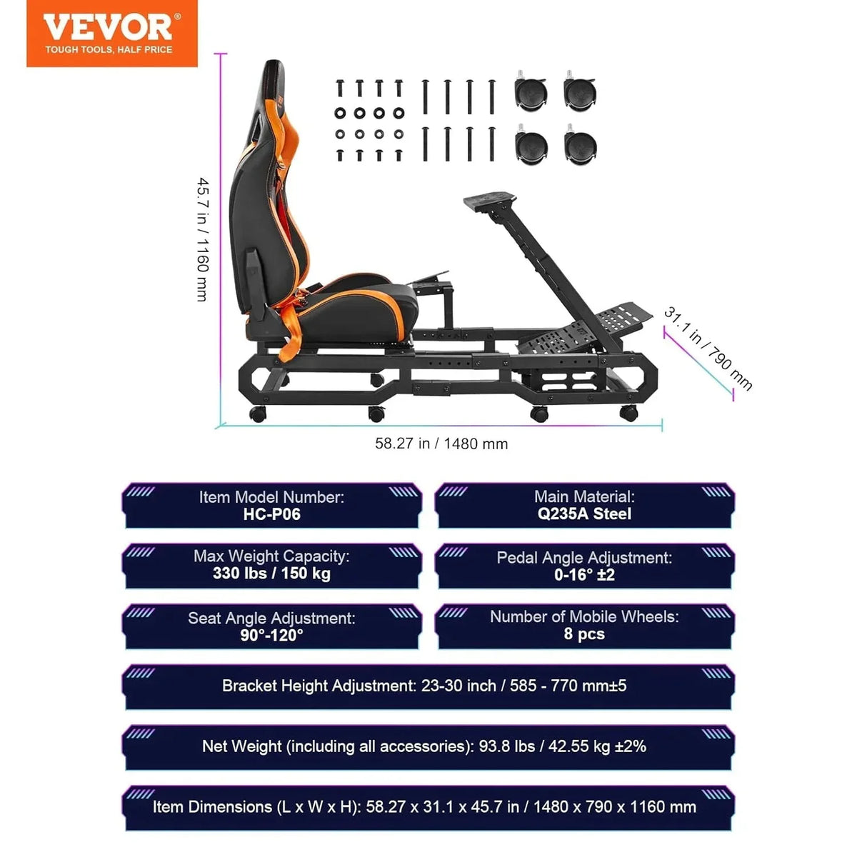 Soporte para Volante de Carreras VEVOR con Ruedas para Logitech G923/G920/G29. Cabina de simulador de conducción de Acero Resistente. Thrustmaster