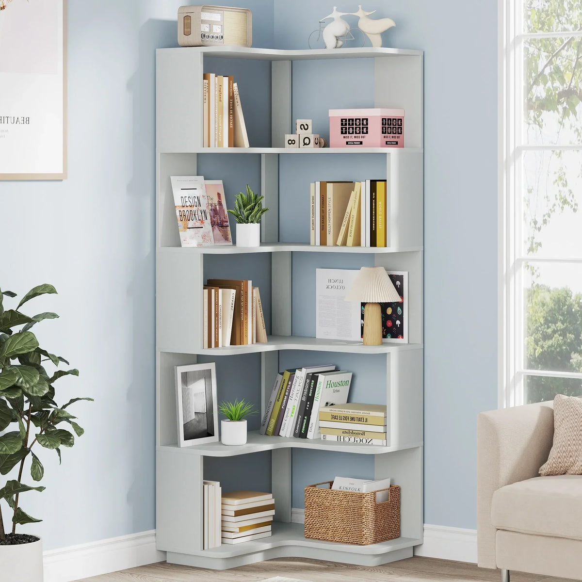 64.9 Inch Tall 6-Tier Corner Bookshelf. Freestanding Wood Industrial Bookcase