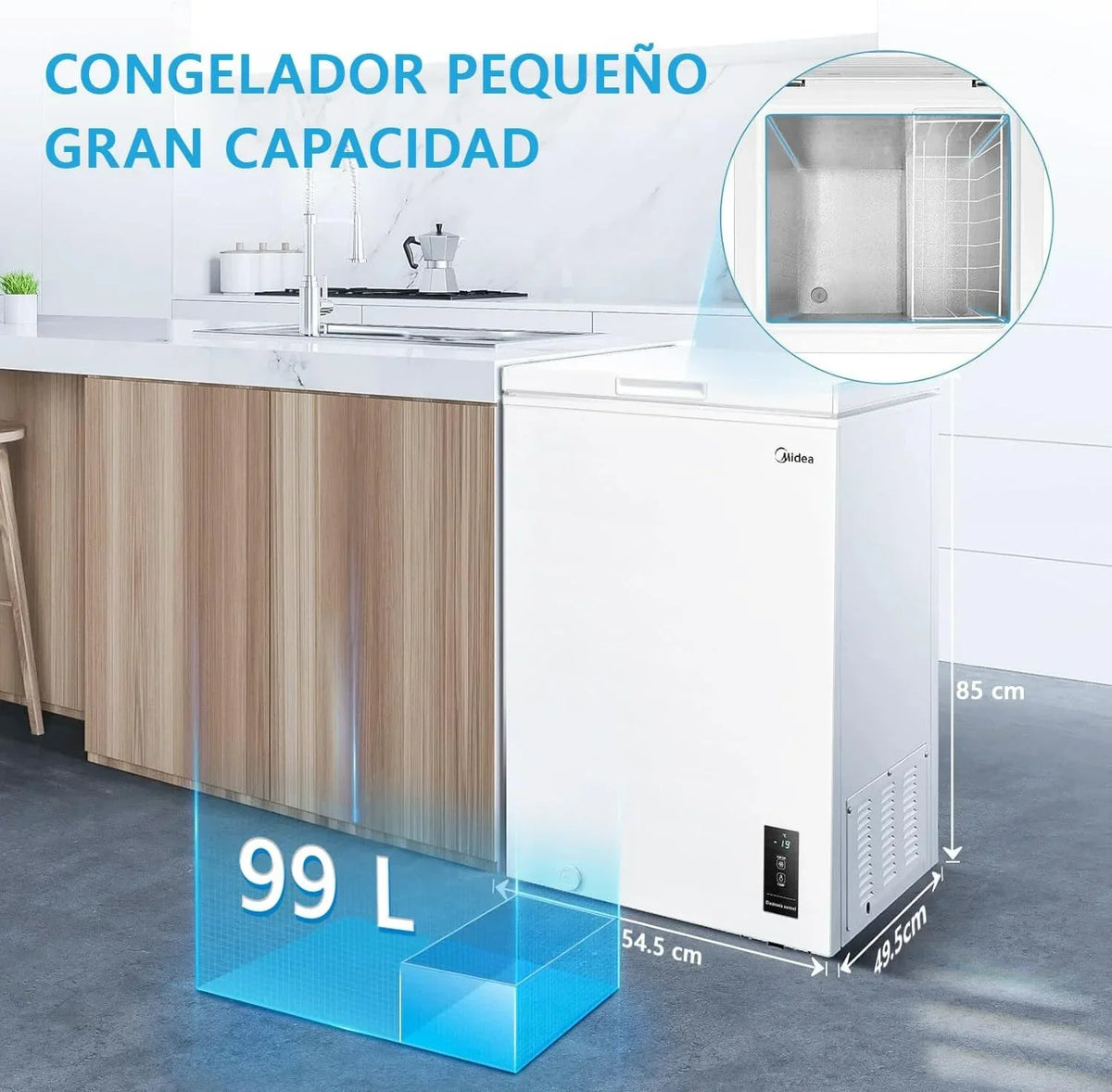 MIDEA Arcon Congelador Pequeño Horizontal de 99L. Motor Inverter. Control Electrónico de Temperatura. Tecnologia D-TYPE Tube. Cestas con Asa. Easy