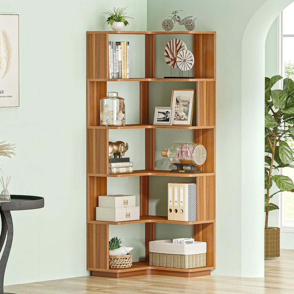 64.9 Inch Tall 6-Tier Corner Bookshelf. Freestanding Wood Industrial Bookcase