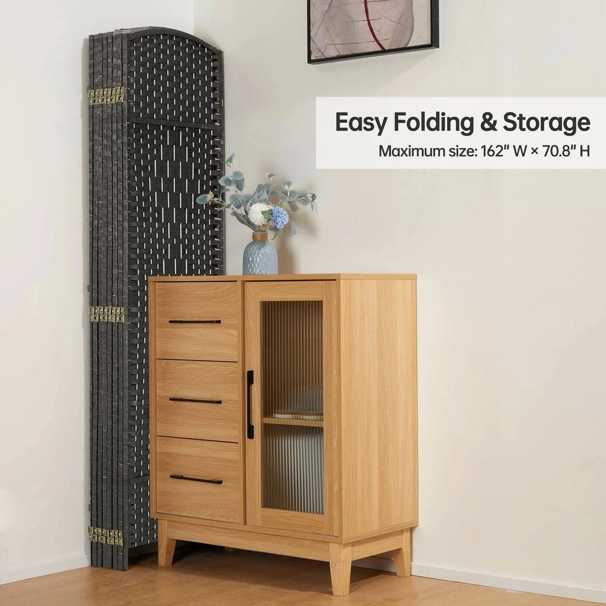 6 FT Tall Woven Fiber Room Divider. Freestanding Folding Privacy Screen
