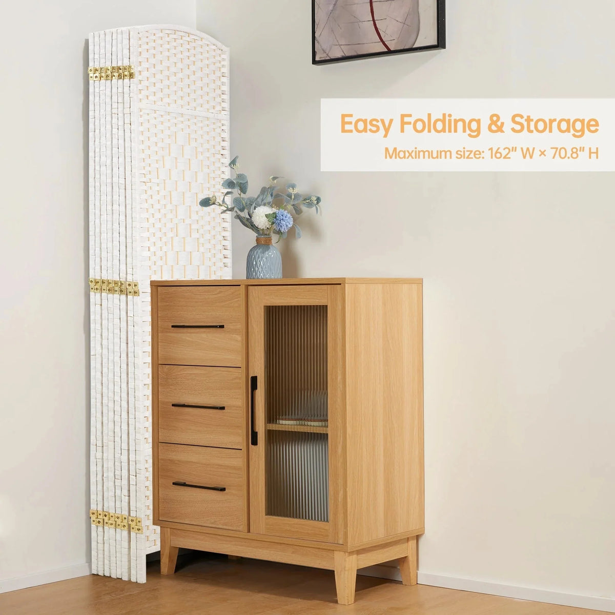 6 FT Tall Woven Fiber Room Divider. Freestanding Folding Privacy Screen