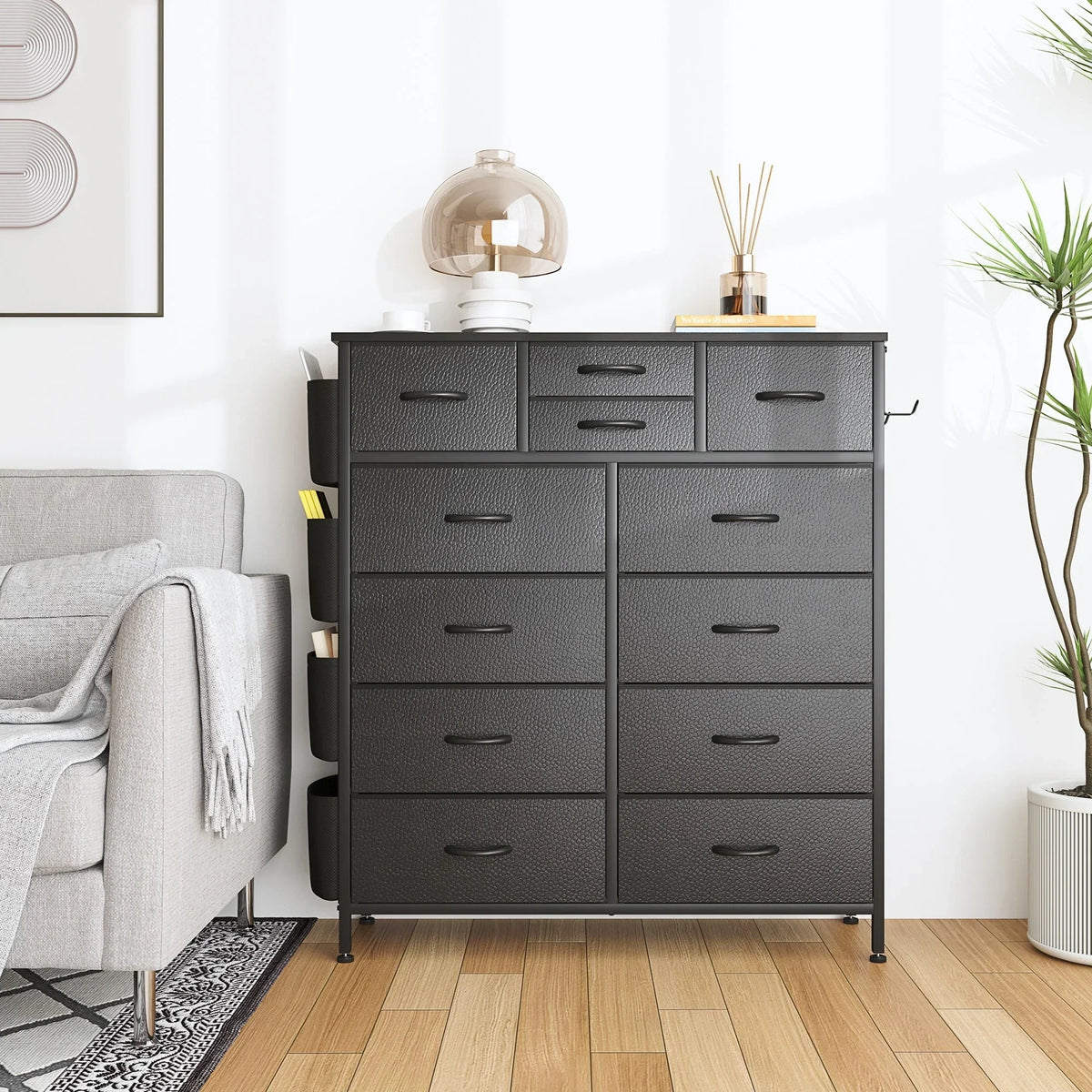 12 Drawer Fabric Dresser. Tall Bedroom Chest of Drawers with Storage