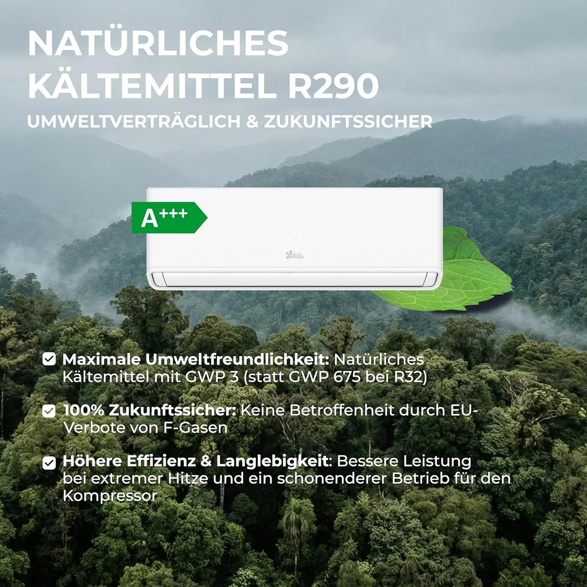 Kältebringer A+++ R290 Split Klimaanlage 12000 BTU (3.7 kW) - mit Heizfunktion. WiFi & App. bis 60m². sehr leise. 5m Kupferleitung. Kältemittel R290.