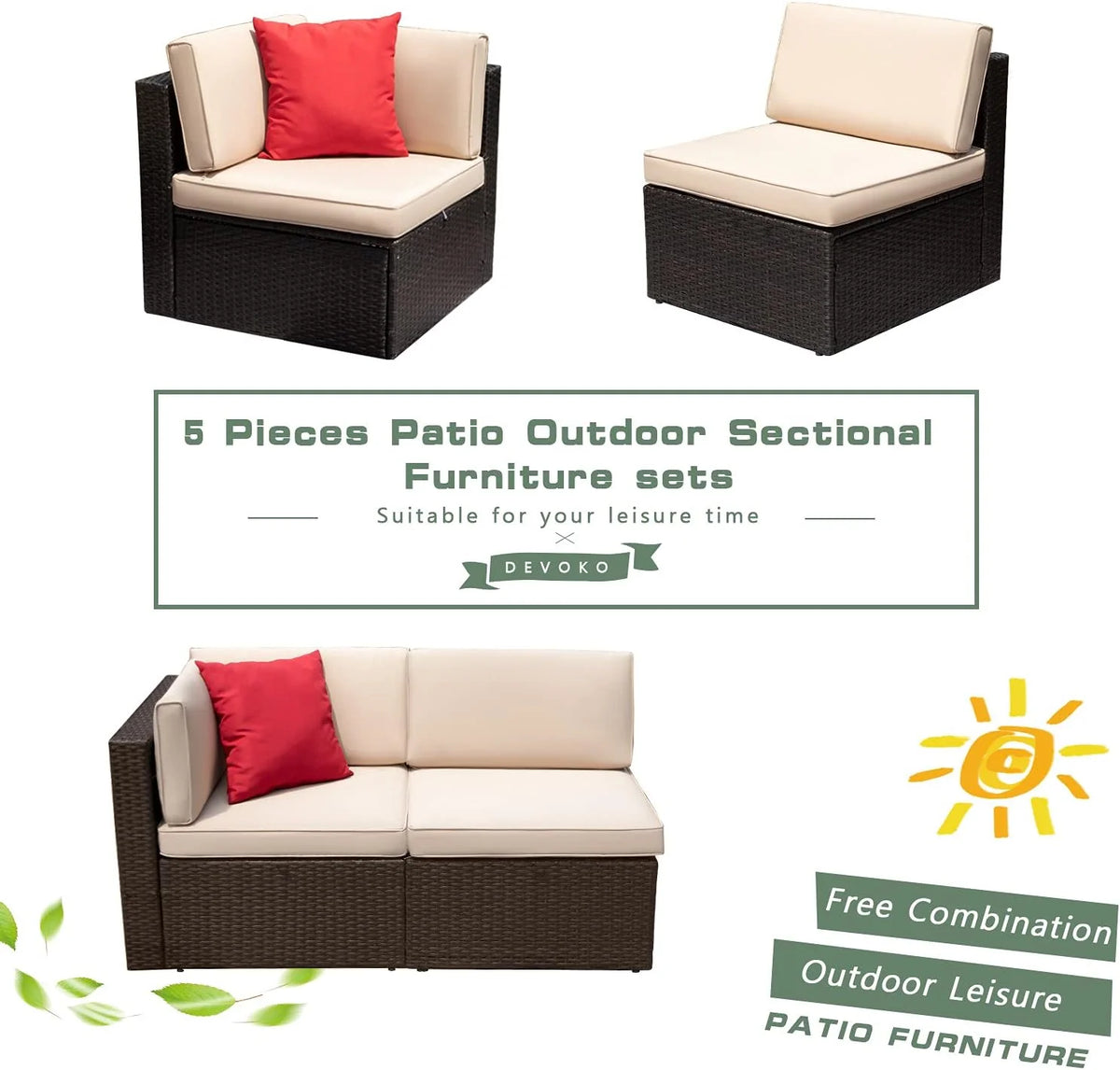 5-Piece All-Weather Patio Furniture Set with Cushions. Outdoor Wicker Conversation Sofa Set for Garden. Deck & Backyard