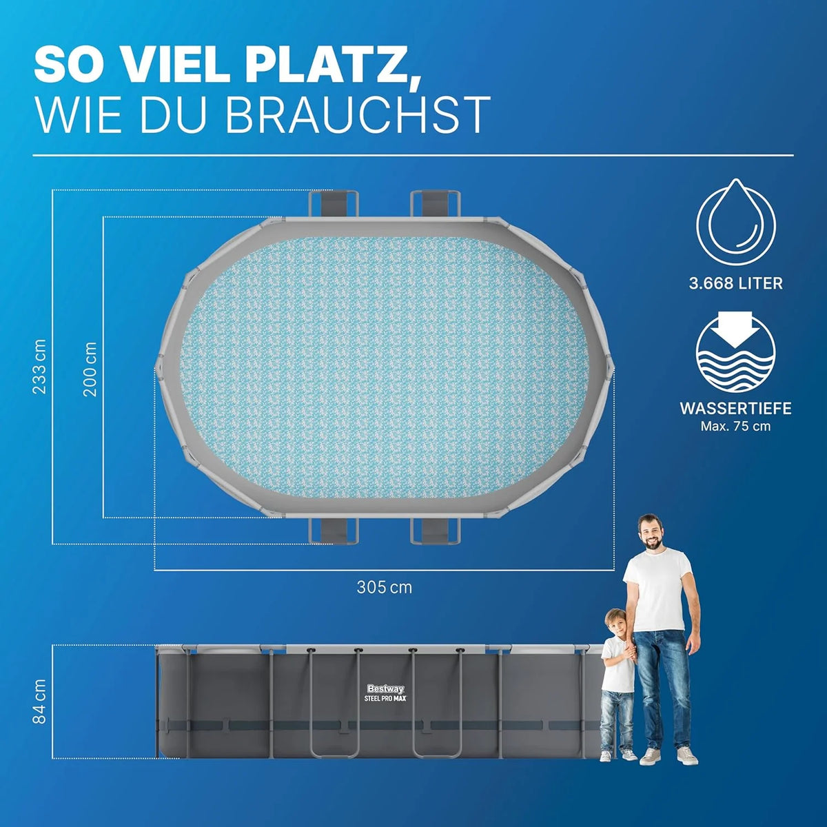 Bestway Power Steel Frame Pool Set mit Filterpumpe 305 x 200 x 84 cm. grau. oval