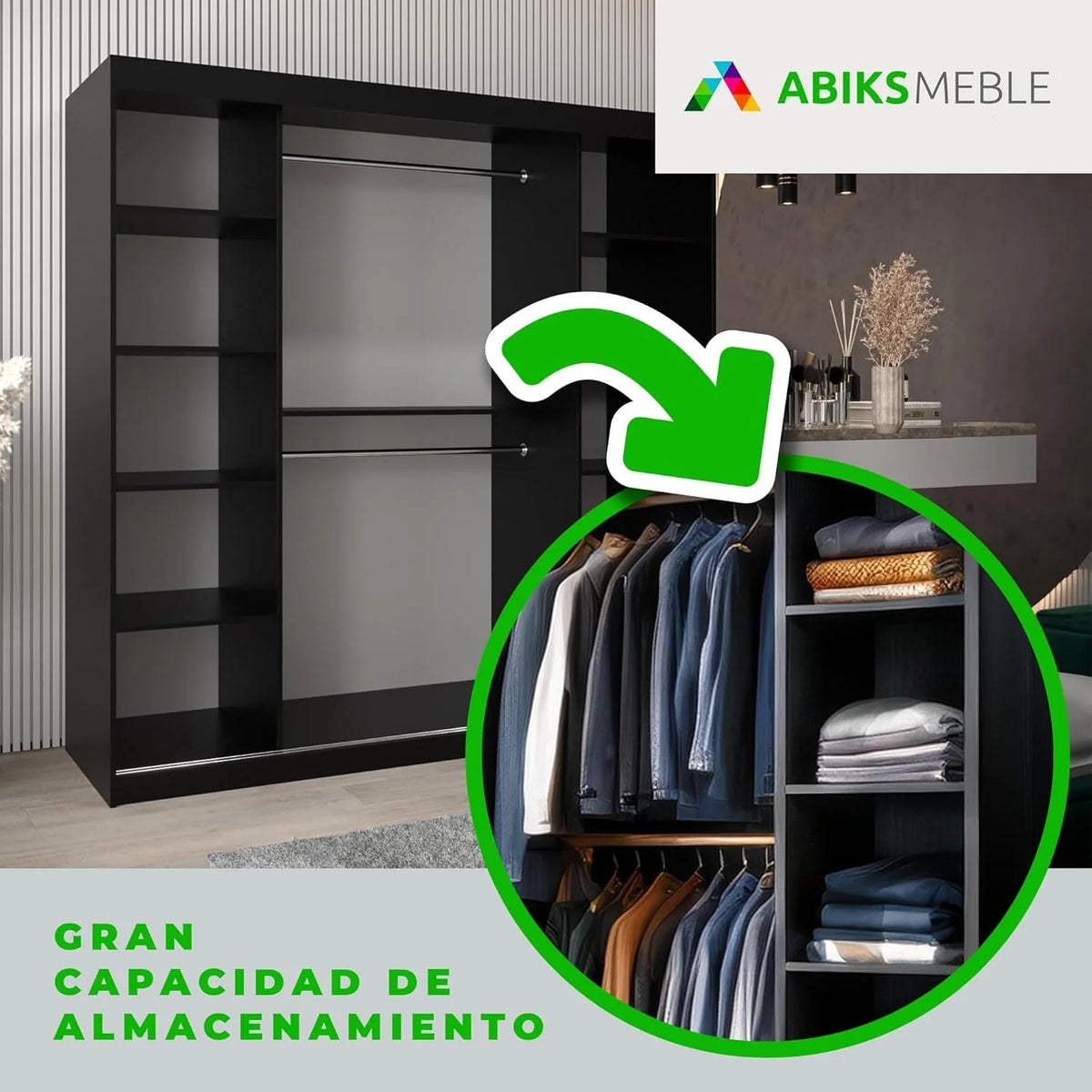ABIKSMEBLE Verona 4 200 Bedroom Wardrobe with Three Sliding Doors – Modern Storage Cabinet with Mirror. Coat Rack and Shelves – 200 x 200 x 62 cm –