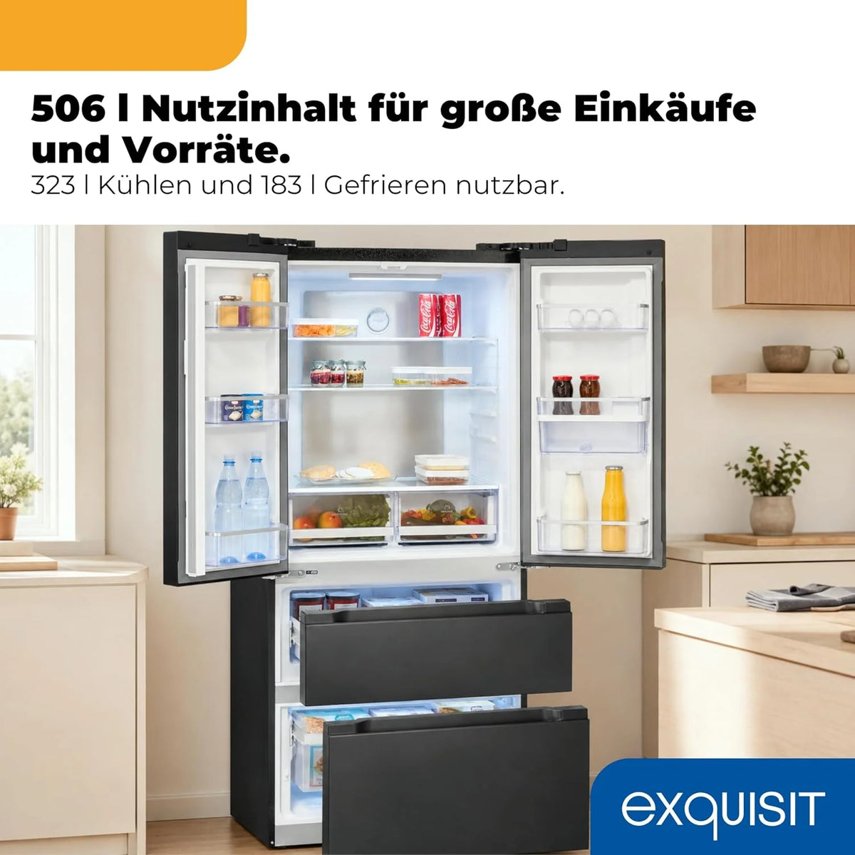 Exquisit Frenchdoor Kühl-Gefrierkombination | 506 l Nutzinhalt. Energieklasse E. 41 dB. No Frost Kühlen & Gefrieren. Schnellgefrieren. Wasserspender.