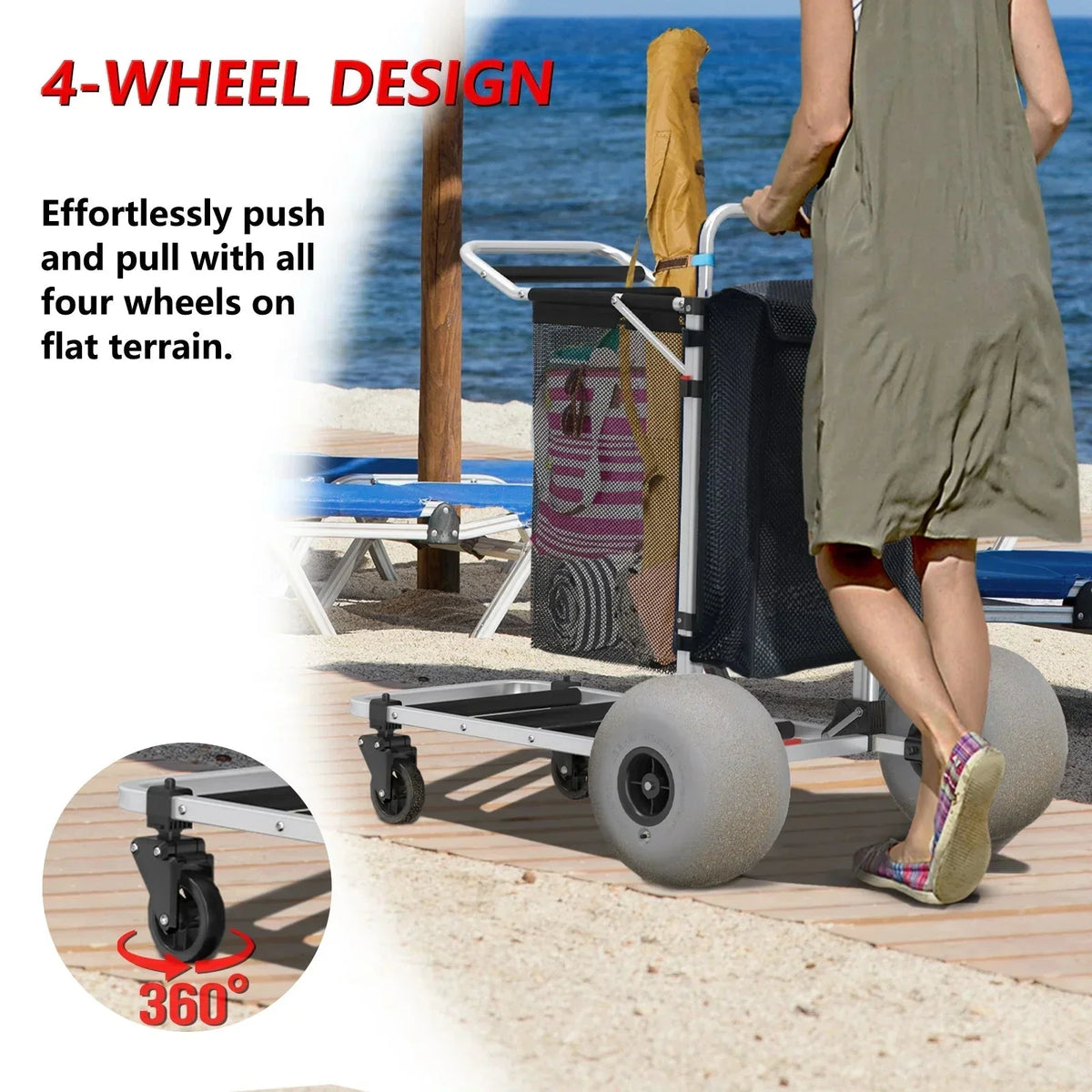Foldable Beach Cart with Adjustable Handle and 12 Balloon Wheels. Heavy Duty Aluminum 220LBS Capacity
