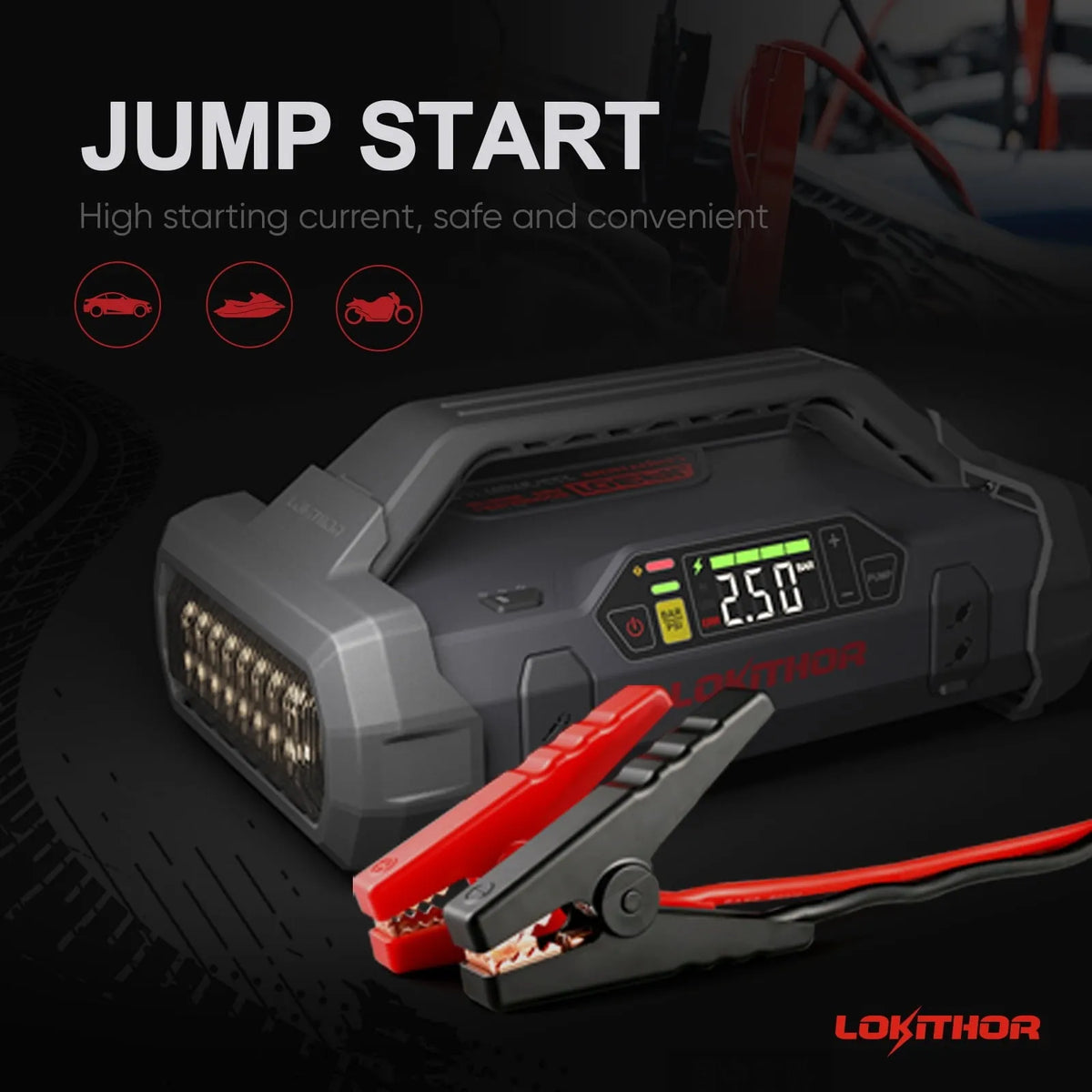 Jump Starter 2000Amp 20000mAh 12V Car Battery Booster Pack for Upto 8L Gas or 6L Diesel. 150 PSI Air Compressor with Damping Technology.Portable Power Bank with Handle Bar and Emergency Light