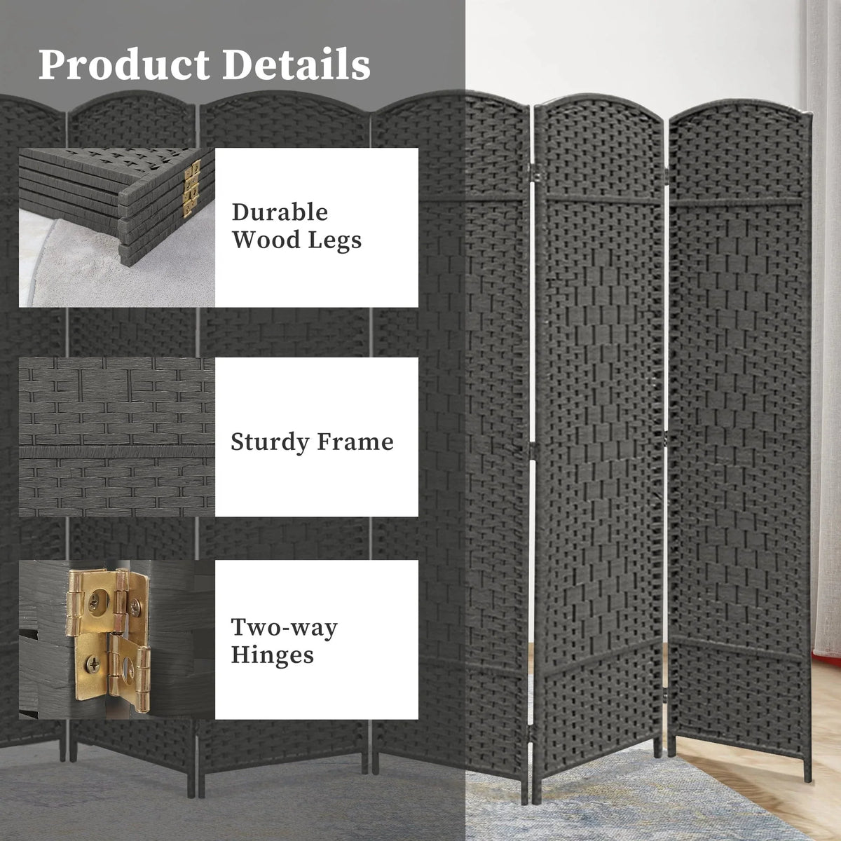 6 FT Tall Woven Fiber Room Divider. Freestanding Folding Privacy Screen