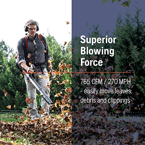 51cc Gas Backpack Leaf Blower. 2.16 HP. 765 CFM. 270 MPH. Ergonomic Design