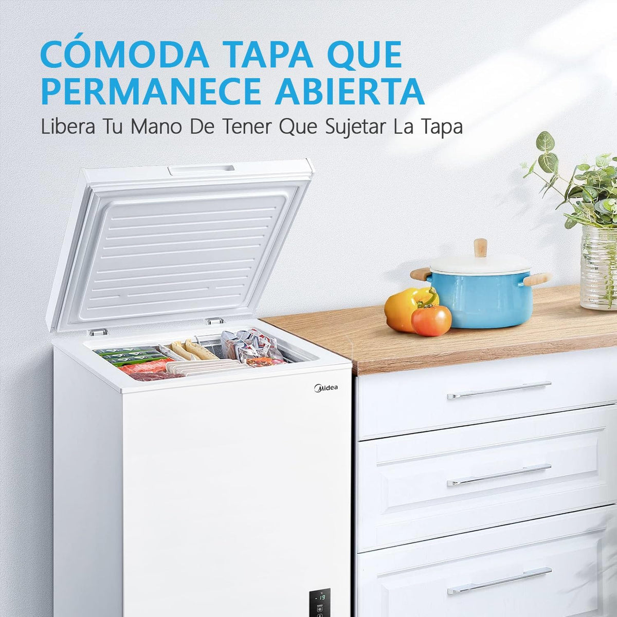 MIDEA Arcon Congelador Pequeño Horizontal de 99L. Motor Inverter. Control Electrónico de Temperatura. Tecnologia D-TYPE Tube. Cestas con Asa. Easy