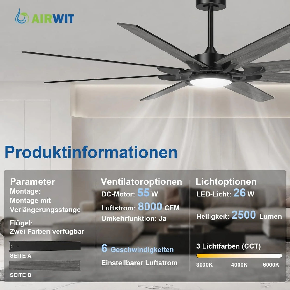 Airwit 183cm Deckenventilator mit Beleuchtung Extra Groß. Verbundholz Outdoor Leise Deckenventilator mit Licht und Fernbedienung. Lampe mit Ventilator