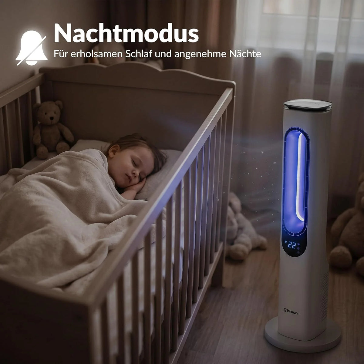 LEHMANN Turmventilator mit Fernbedienung & LED-Display. leiser Ventilator mit Schlafmodus. 15 h Timer. 3 Lichtfarben. 3 Modi. 3 Geschwindigkeiten.