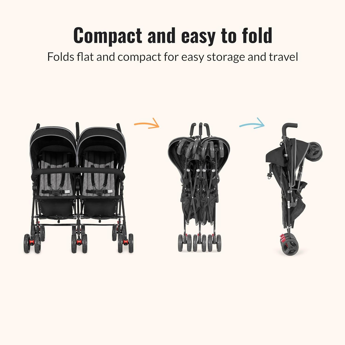 Twin Umbrella Stroller in Black. Lightweight Double Stroller for Infant & Toddler. Compact Easy Fold. Large Storage Basket. Large and Adjustable Canopy