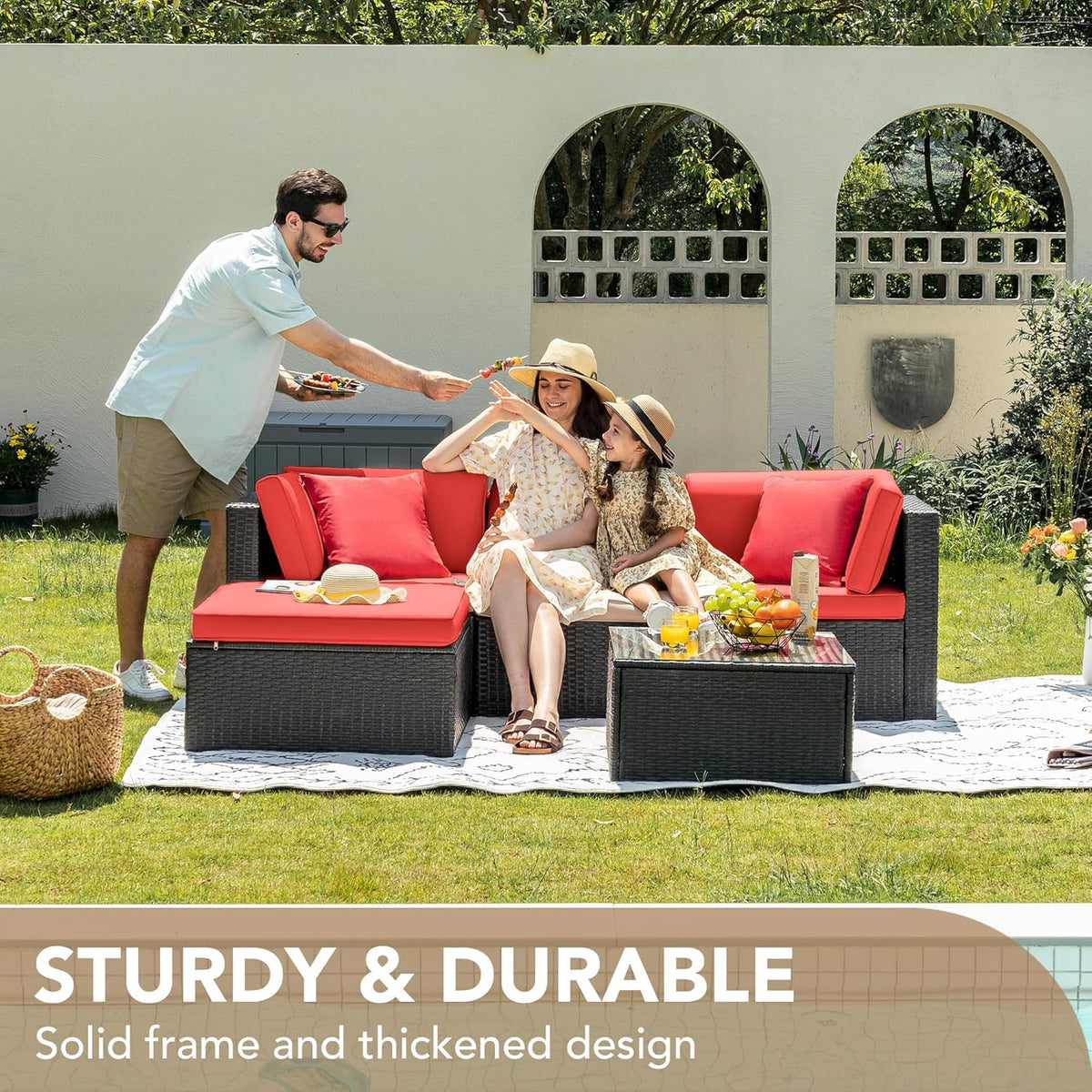 5-Piece All-Weather Patio Furniture Set with Cushions. Outdoor Wicker Conversation Sofa Set for Garden. Deck & Backyard