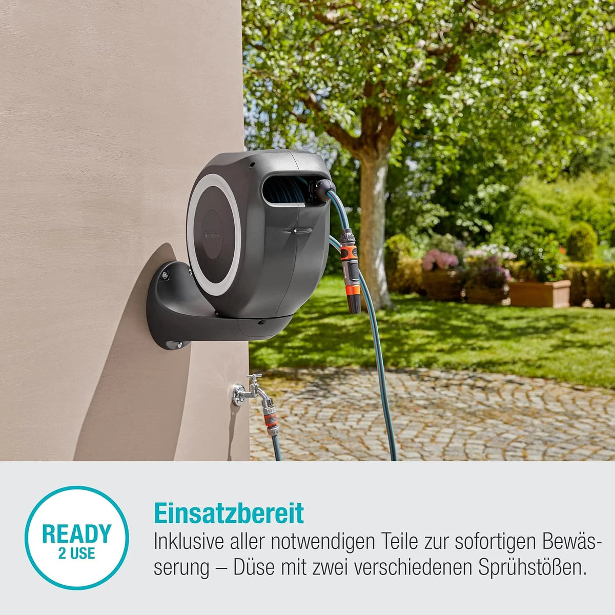 Gardena Wand-Schlauchbox RollUp M 20 m: Flexible Bewässerung für mittelgroße Gärten. schwenkbare Schlauchtrommel. mit Wandhalterung. Systemteilen und