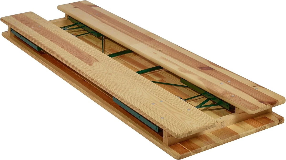 METRO Professional Bierzeltgarnitur. 3-TLG. Gartenmöbel Set. 1 Bier-Tisch 220 x 70 cm. 2 Bierbänke 220 x 25 cm. Klappbar. Naturbraun/Grün