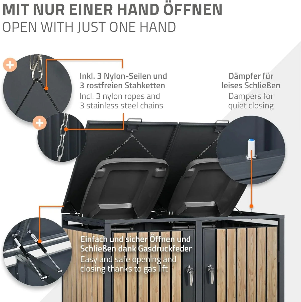 ML-Design Mülltonnenbox 3er 3 Tonnen 240L 200x80x116.3cm Anthrazit-Holzoptik. Stahl wetterfest/abschließbar Mülltonnenverkleidung Klappdeckel/3 Türen.