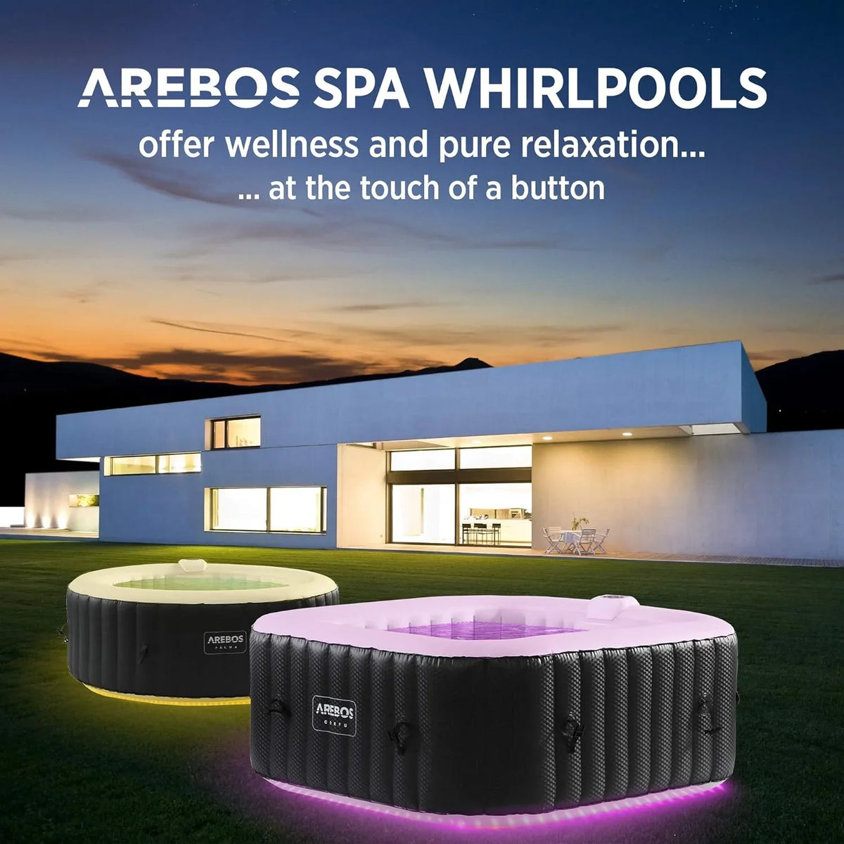 Arebos Whirlpool | 154 x 154 cm | mit LED-Beleuchtung | aufblasbar | quadratisch | In- & Outdoor | 4 Personen | 100 Massagedüsen | mit Heizung | 600 L