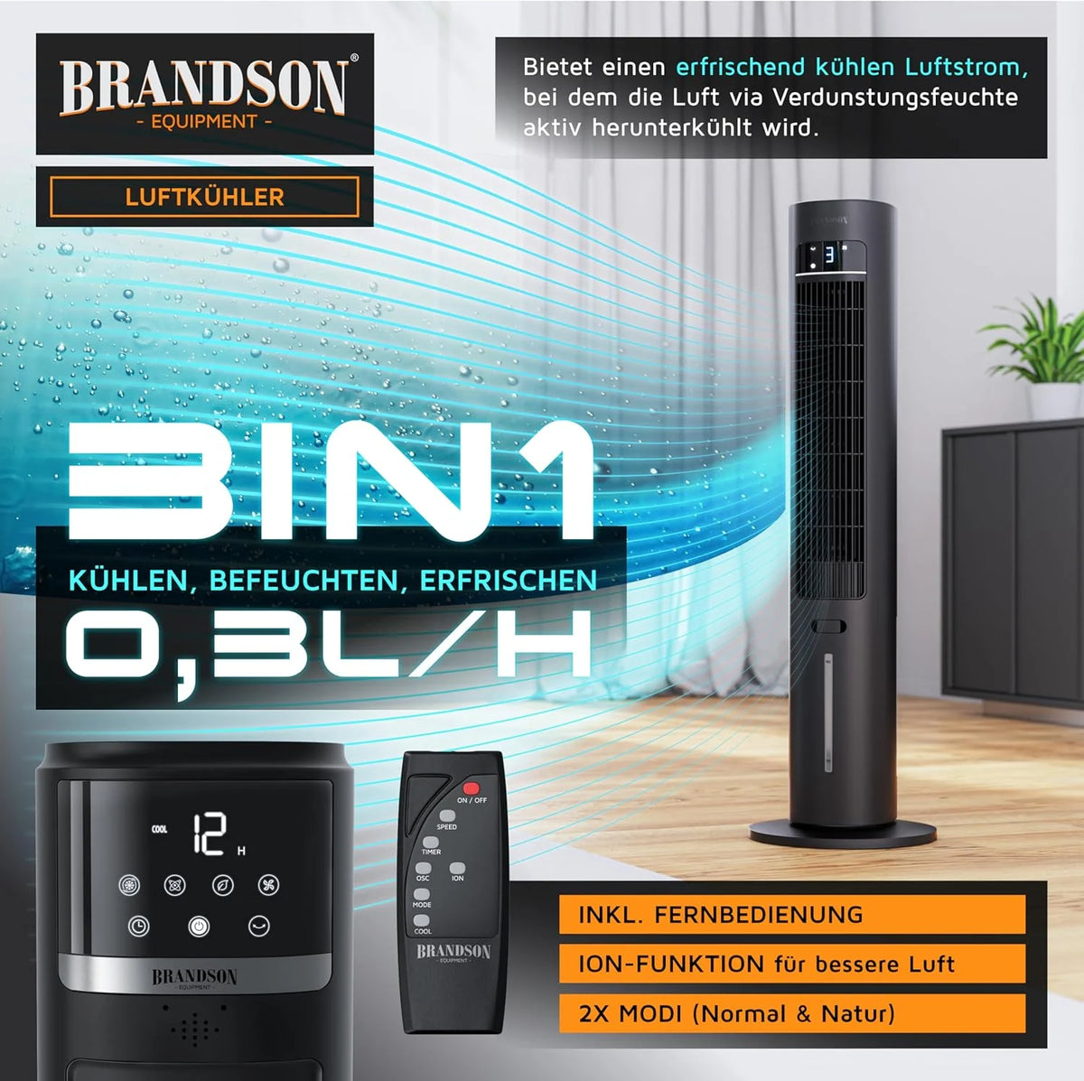 Brandson – mobiler Luftkühler mit Wasserkühlung im ECO Design - DC Motor sehr leise - 60% Energieeinsparung - Sieger Ventilatoren und Luftkühler 2026