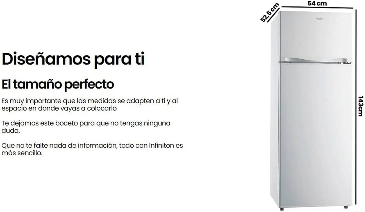 INFINITON Frigorifico Dos Puertas FG-A145B. 200 Litros. 143 cm de Altura. Defrost. LED Interior. E. Diseño con Tirador Integrado. Ancho 55 cm.