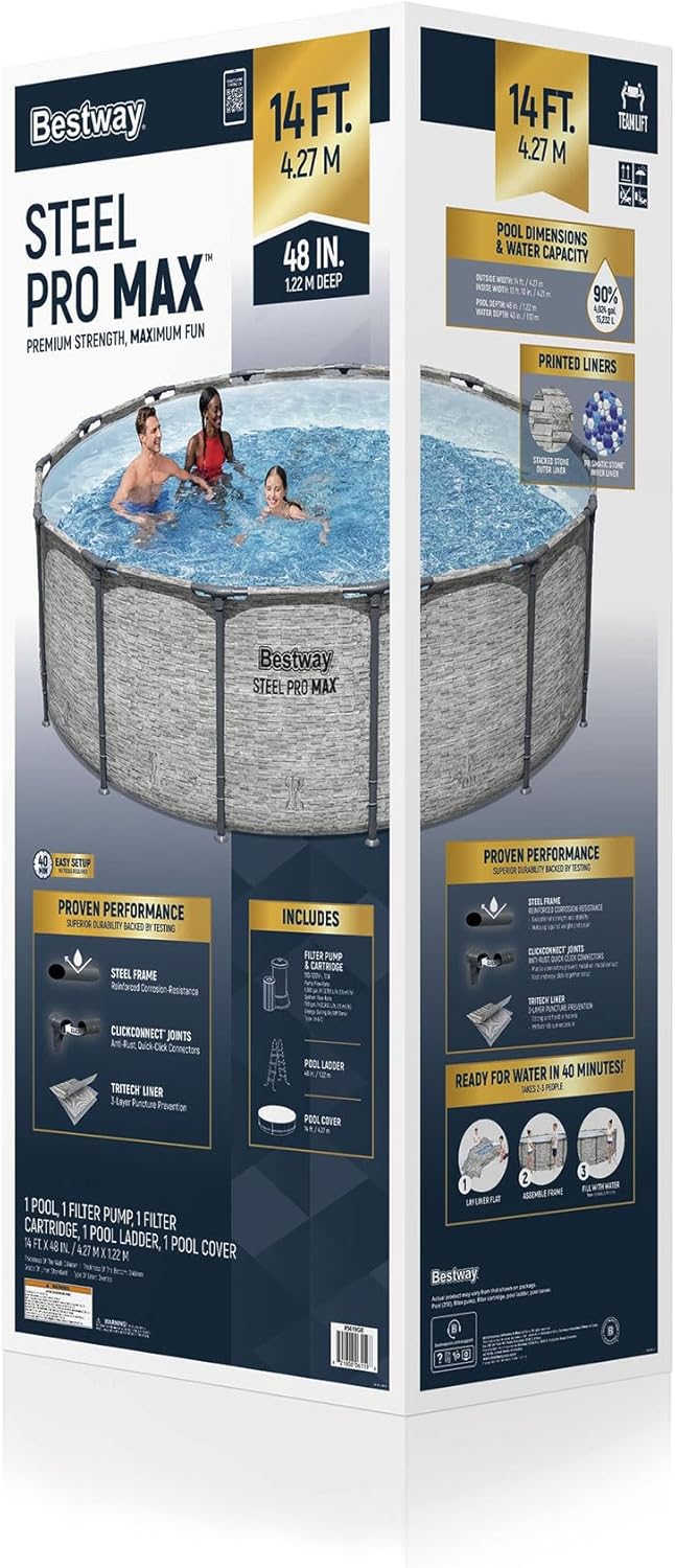 Above Ground Swimming Pool w/ Pump. Cover. & Ladder. 14' x 48. Steel Pro MAX. Gray - Backyard Outdoor Round Pool w/ Filter. 42-Inch Deep Water